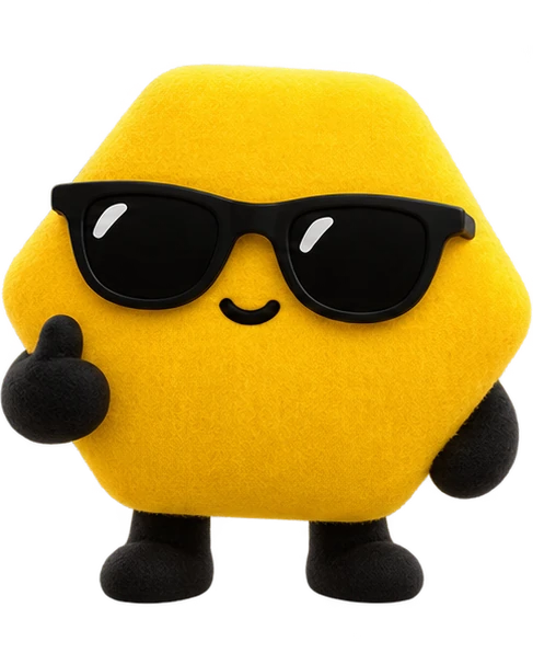 Flip, a yellow hexagon dot in black sunglasses giving a thumbs up
